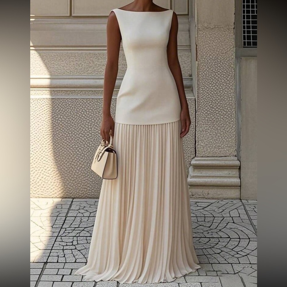 Elegant Cream Boatneck Pleated Top and Skirt Set